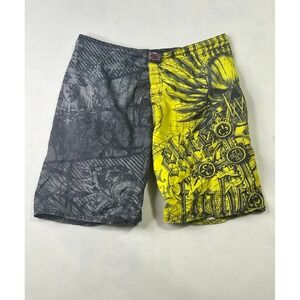 MMA Elite Board Shorts Mens 34 Yellow Grey Skull Cross Graphic MMA Training Gym